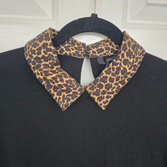 NWOT J.Crew Black Wool Sweater Sz S Leopard Print statement Collar Preppy Chic - Picture 2 of 9